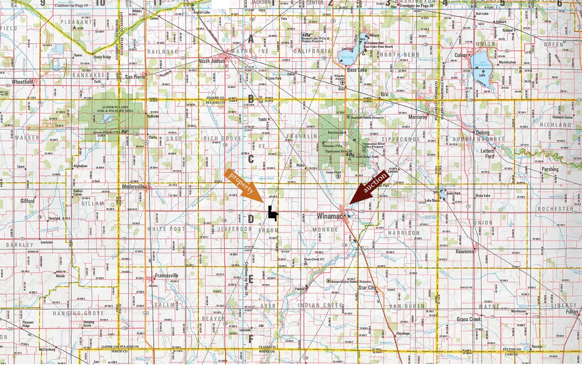 Area map - LAND AUCTION - 307.75+/- ACRES OFFERED IN 5 TRACTS IN PULASKI COUNTY, INDIANA
